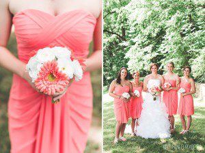 coral pink wedding bride and bridesmaids summer wedding