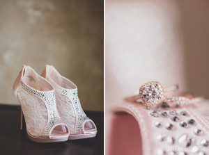 pink lace wedding shoes rose gold halo engagement ring