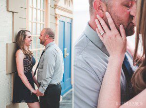 engaged couple kissing triple halo engagement ring