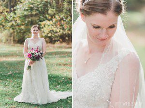 bride holding pink purple and white bouquet