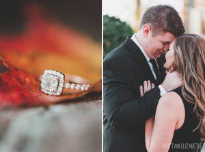 square halo engagement ring on leaf engaged couple nuzzling