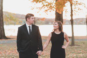 engaged couple in formal wear sunset fall engagement
