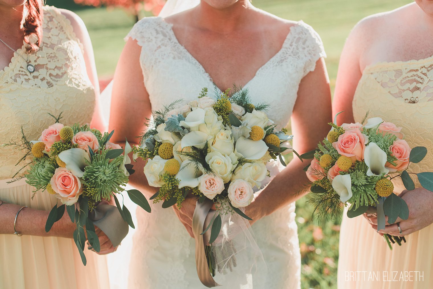 lace yellow bridesmaid dresses calla lily rose bouquets