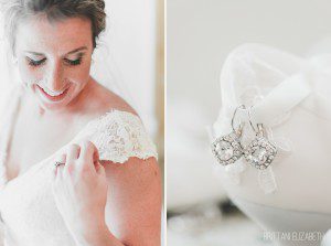 bride in white lace gown halo earrings wedding details