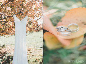 white lace wedding dress on tree white gold wedding rings