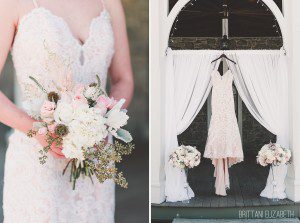 bride holding bouquet white and pink lace wedding dress
