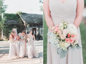 bridesmaids champaign dresses holding bouquet