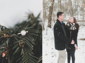 engaged couple yellow gold solitaire engagement ring snow winter lancaster