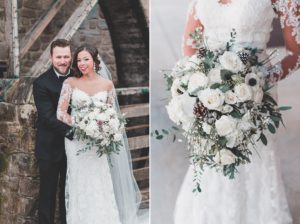bride and groom white lace dress rose pinecone bouquet