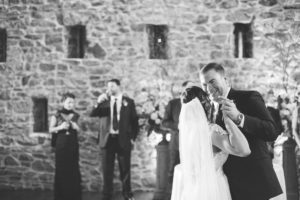 black and white bride and groom first dance stone barn wedding