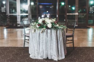 gorgeous silver sequin tablecloth sweetheart table wedding reception