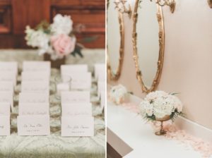seating cards gold pink and white wedding details