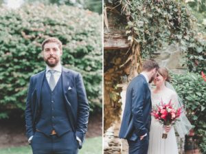 groom in dark blue suit outside fall wedding