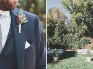 red pink boutonniere outdoor ceremony set up