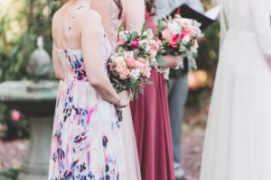 red pink wedding mismatched bridesmaid dresses