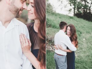 gold solitaire engagement ring engaged couple nuzzling