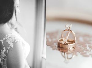 close up bride gold wedding rings display