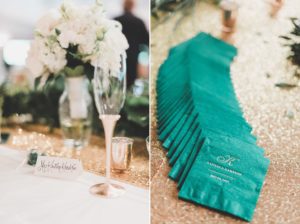 gold and teal wedding personalized napkins reception details