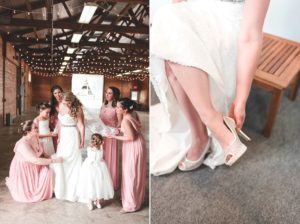 bride getting ready with bridesmaids putting shoes on