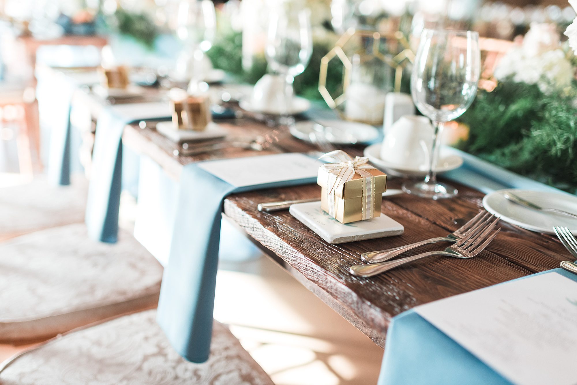 Blue Napkins and Farm Tables, John James Audubon Center Wedding