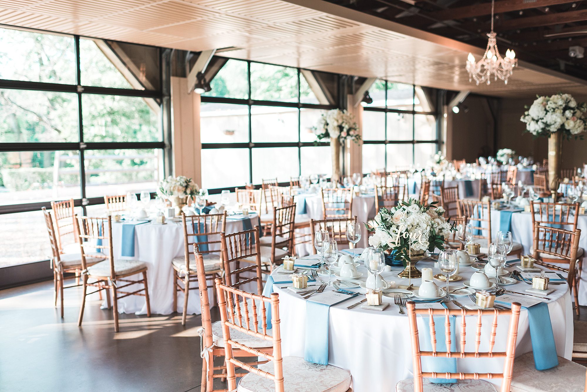 Blue Napkins and Farm Tables, John James Audubon Center Wedding