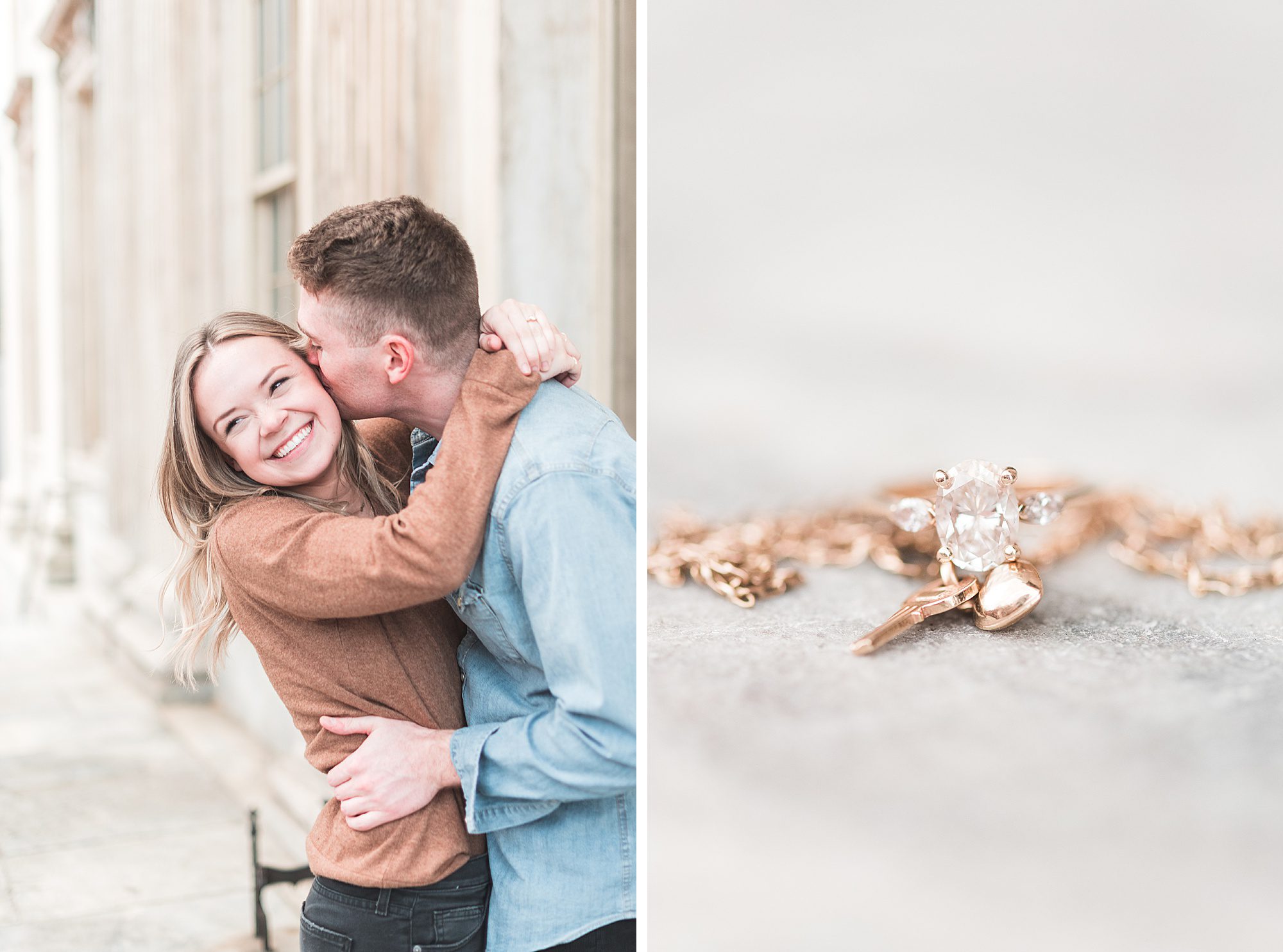 Engaged couple kisses outside of the First Bank of the United States 