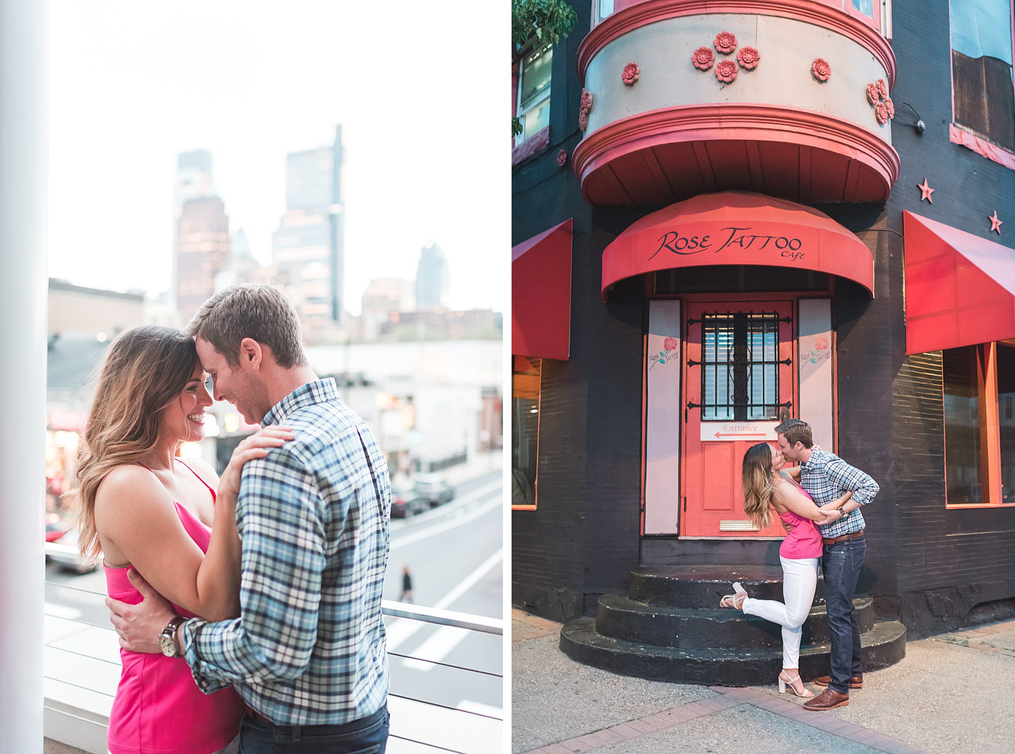 Couple kisses outside of Rose Tattoo Cafe in Fairmount