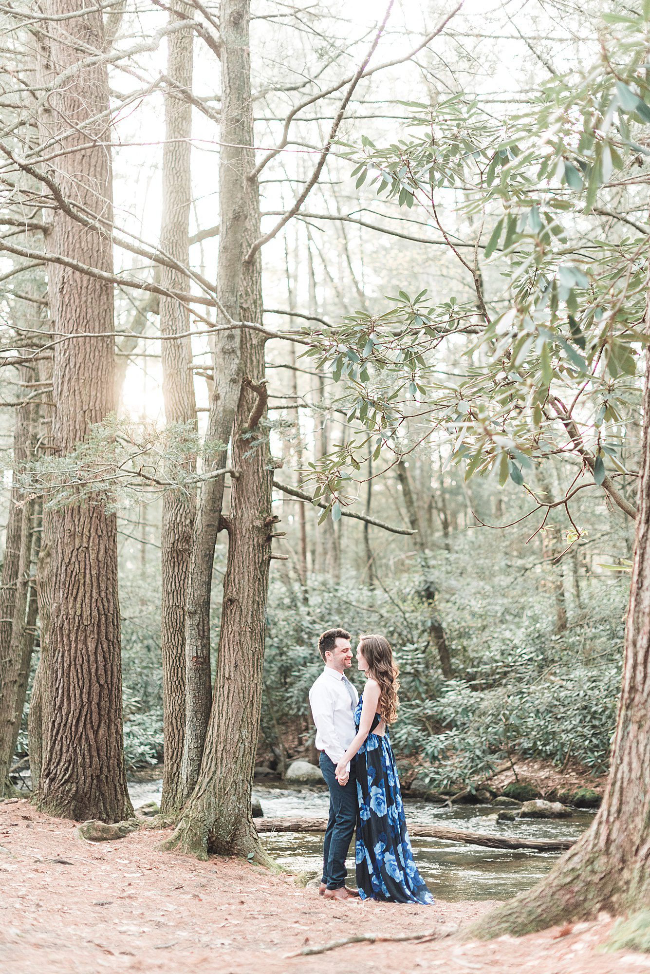 Sun shows through trees with engaged couple in woods