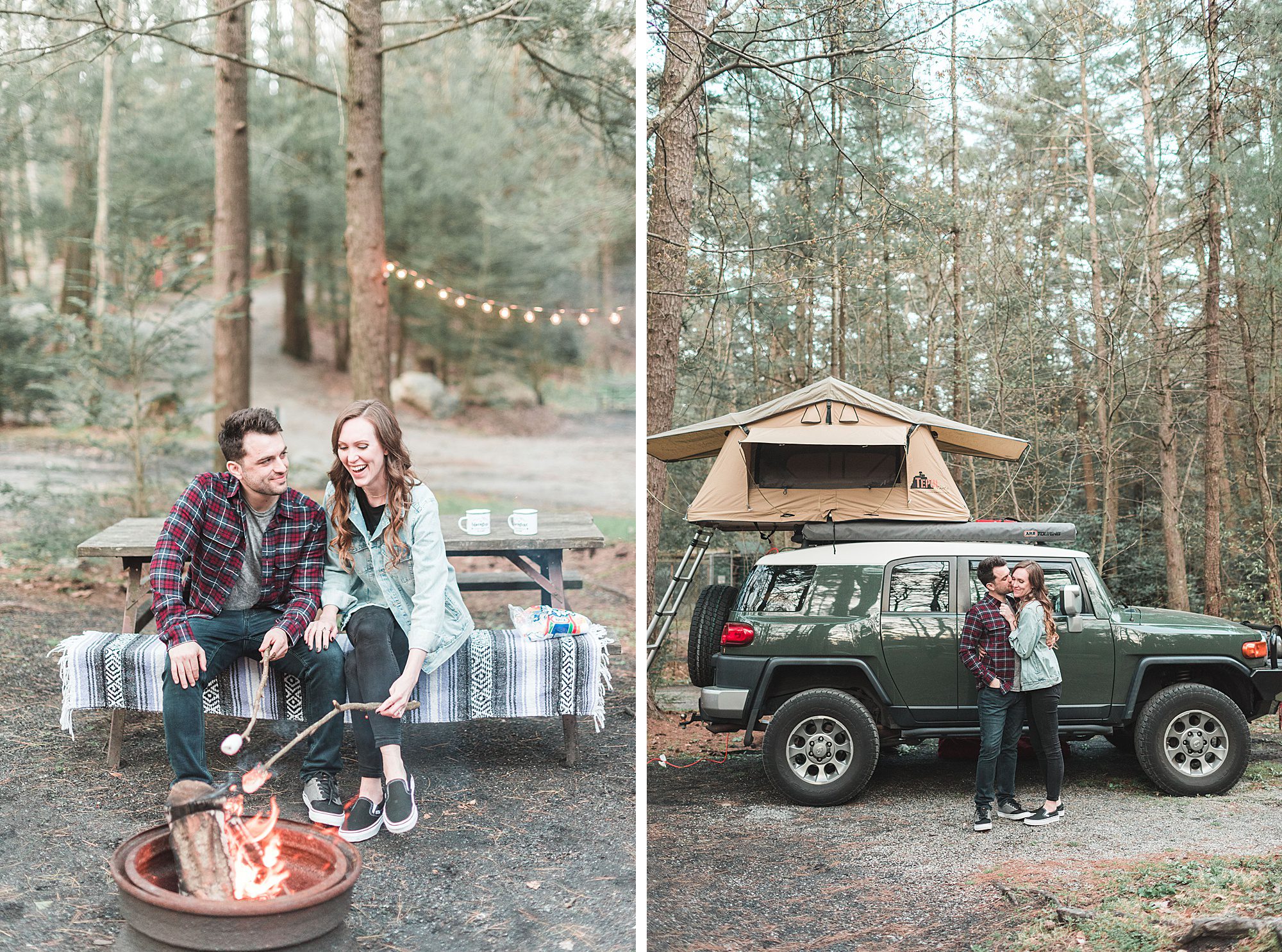 Camping Engagement session couple roasts marshmallows