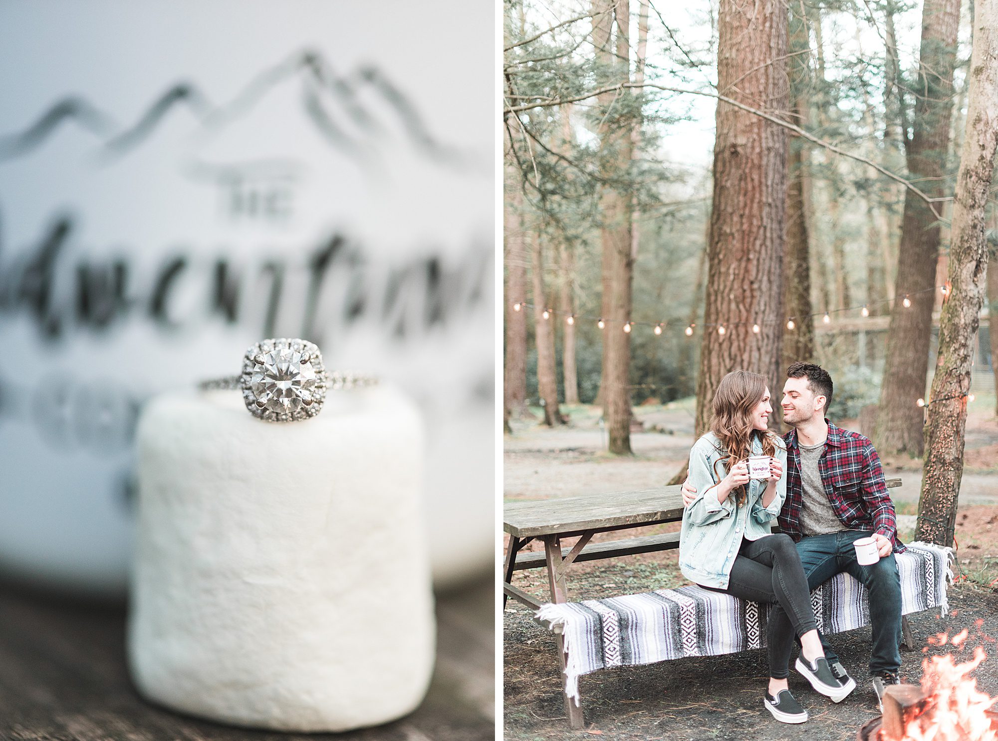 Halo Engagement ring on marshmallow during camping engagement session